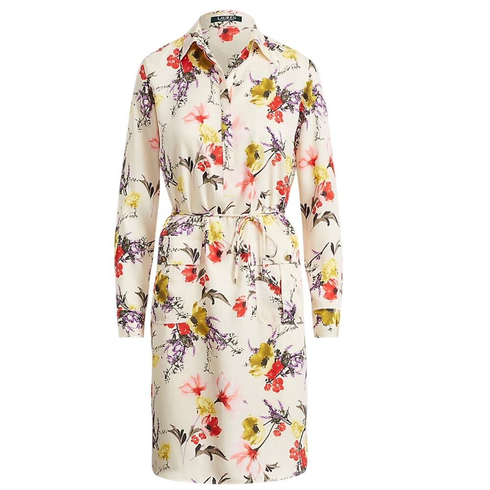 NWT Lauren Ralph Lauren Floral Shirt Dress, Size 2, Belted Cottagecore Midi